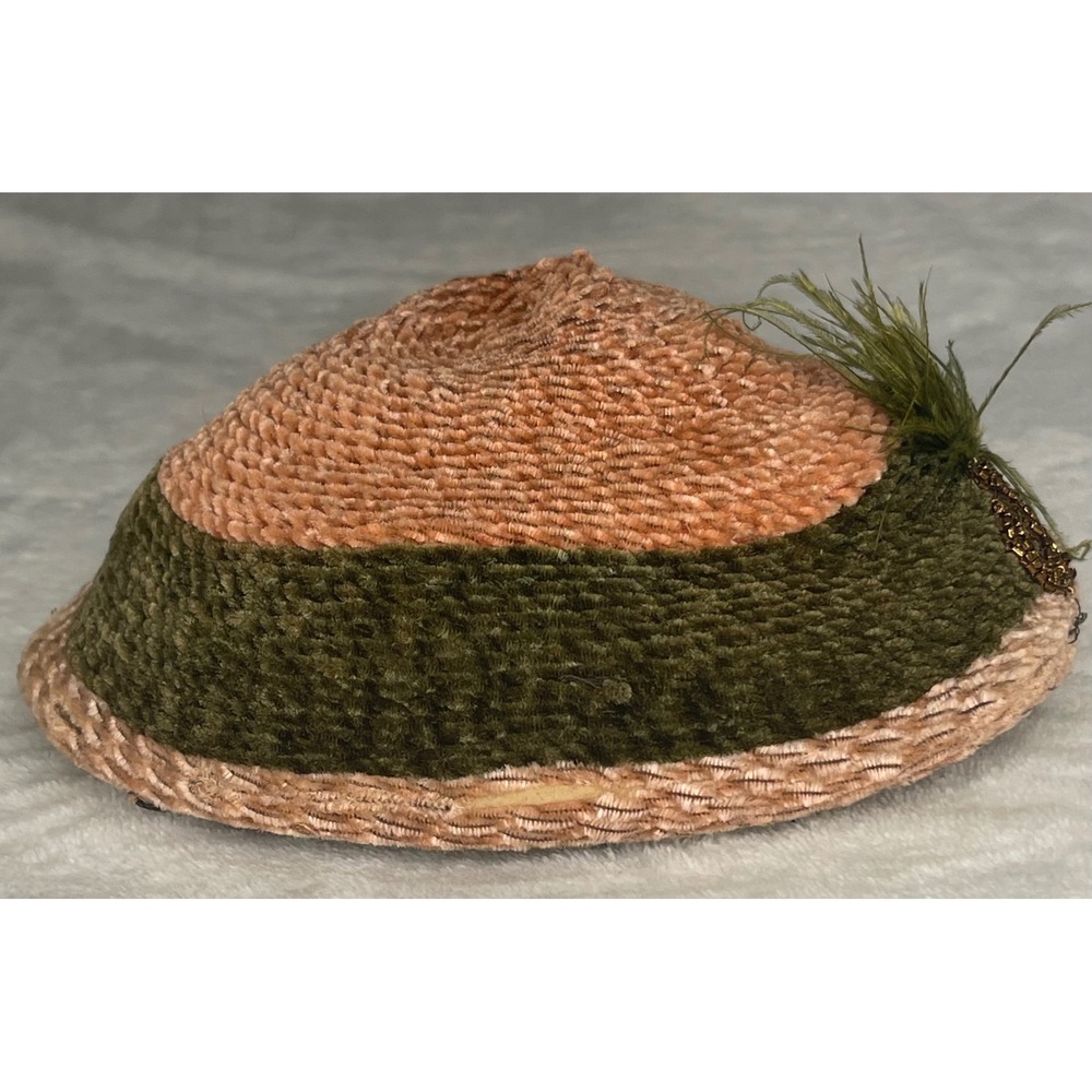 Vintage Gardner New York Pillbox Hat Peach Olive Green Beaded Feather Plume 22